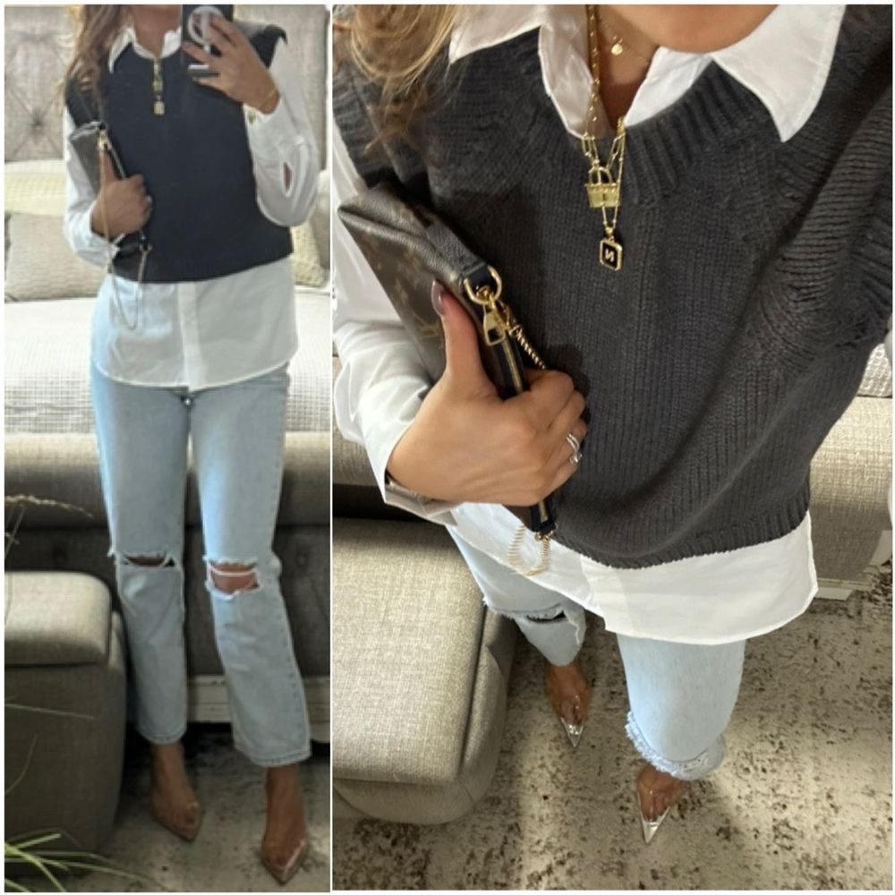 New🍂 Chic Layered Sweater Vest & Shirt Combo – Effortless Preppy Cool 🖤🤍
